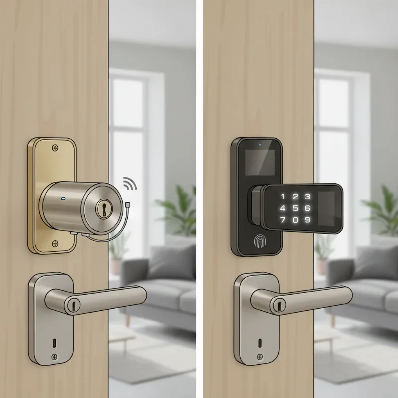 Comparison illustration of retrofit smart lock and full replacement smart lock on a modern wooden door.